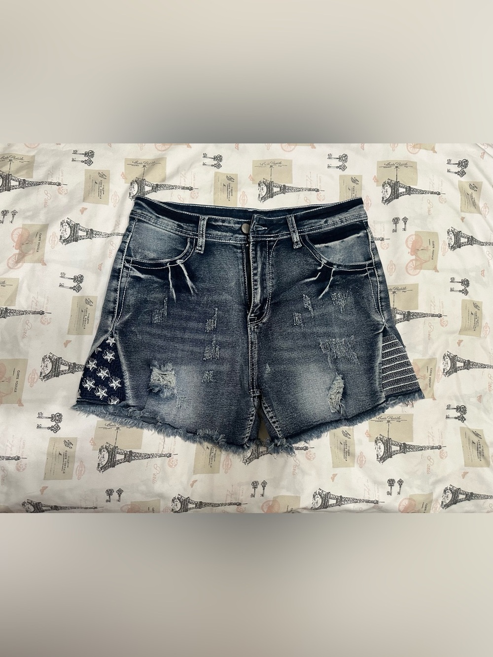 Distressed High-Waist Denim Shorts with Stars & Stripes Details